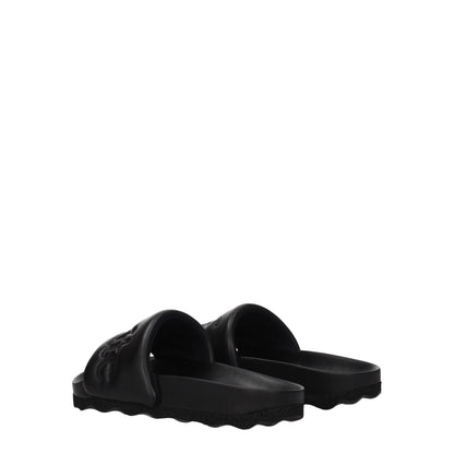 Off-White Black Leather Slippers with open toe and rubber sole, featuring front logo. Designed for casual wear and crafted from leather.