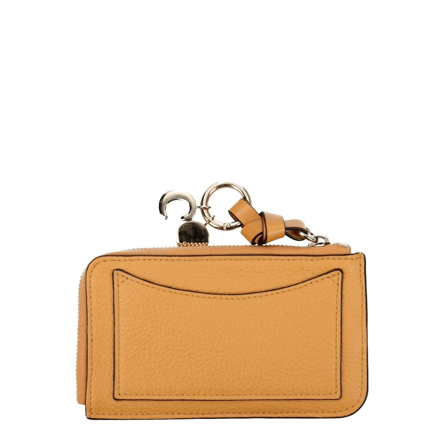 Chloé Orange Leather Wallet with gold details, zip closure, and apricot accents. Casual style with 7.5×13 cm dimensions.