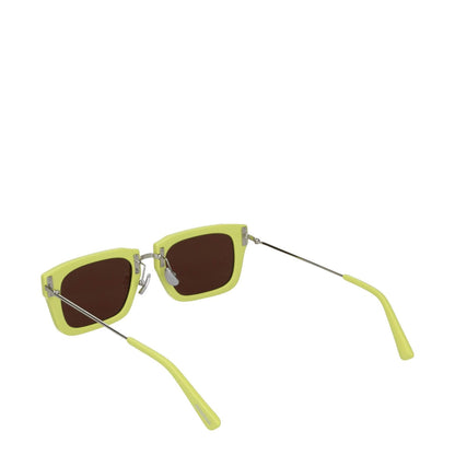 Jacquemus Yellow Acetate Sunglasses with square frame, steel arms, and dark lenses. Includes a protective case. Fashionable eyewear.
