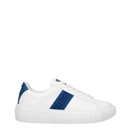 Versace White Leather Low Top Sneakers with side detail and front logo, casual style, lace-up closure, and dark teal accent.