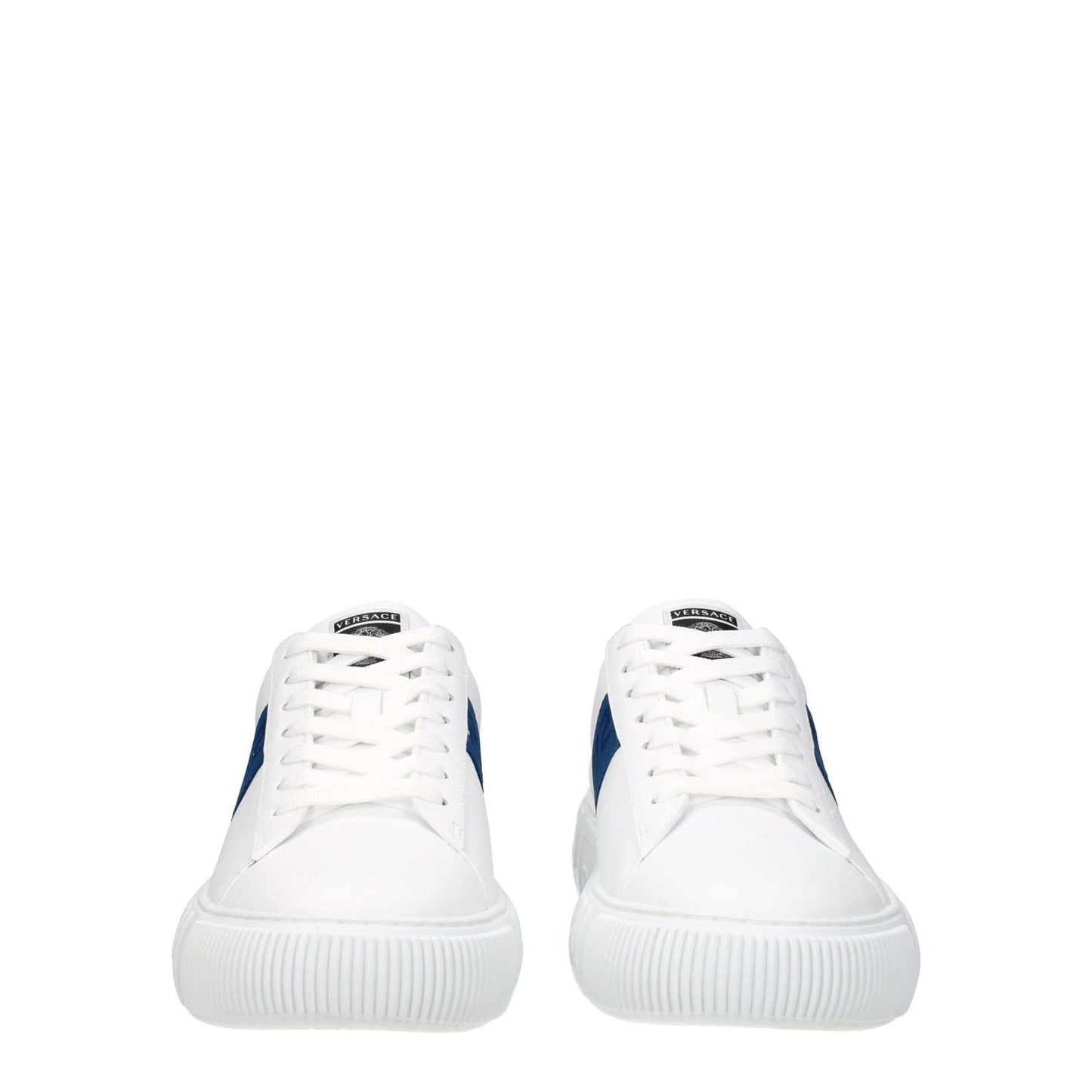 Front view of Versace White Leather Low Top Sneakers with lace-up closure and dark teal side detail.
