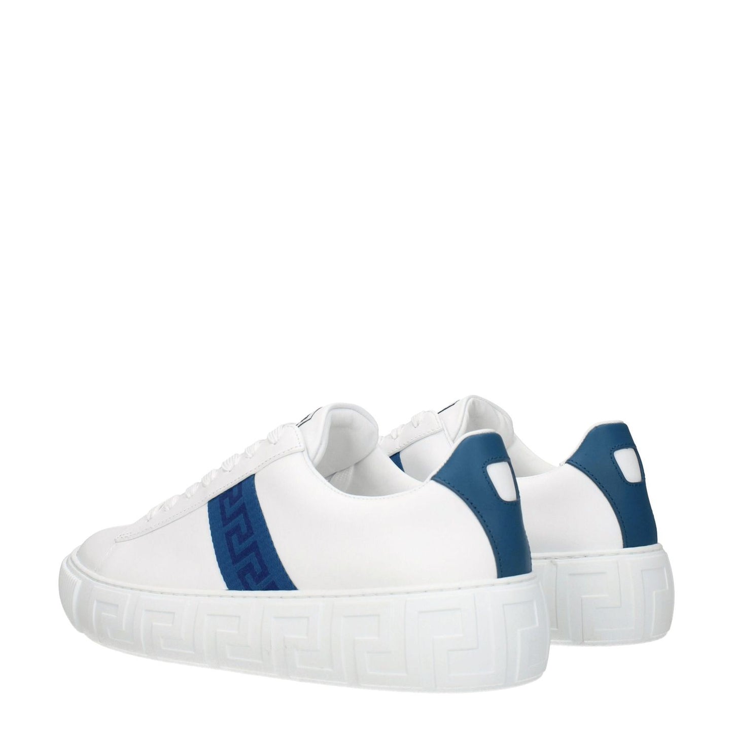 Versace White Leather Low Top Sneakers with dark teal side detail, round toe, and mid heels, featuring a rubber sole. MPN: DSU84041A007756W970.
