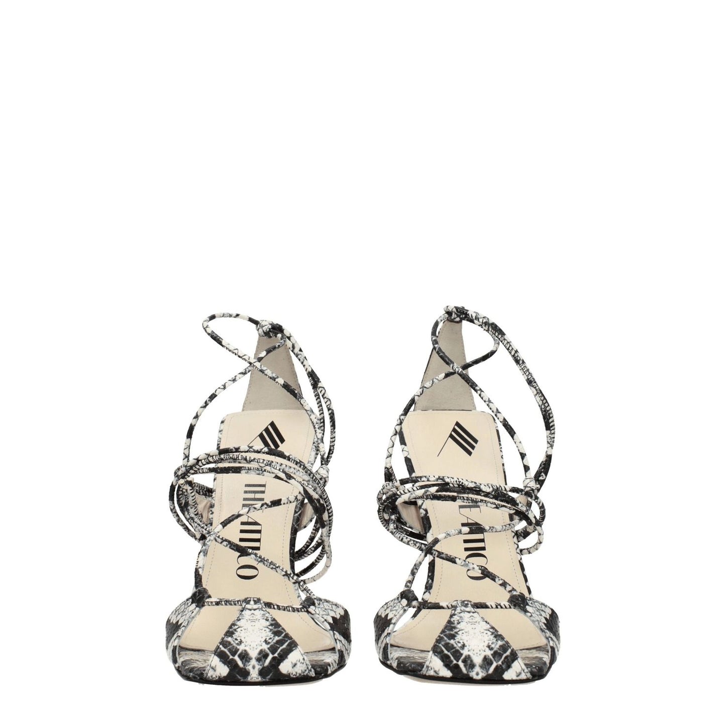 The Attico White Leather Stiletto Heel Sandals with snake print, vintage effect, self-tie closure, and open toe black accents.