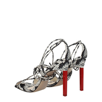 The Attico White Leather Stiletto Heel Sandals with snake print, self-tie closure, high red heel, and open toe design.
