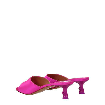 Off-White Pink Satin Stiletto Heel Sandals with open toe design and mid heels, featuring leather sole in vibrant fuchsia color.