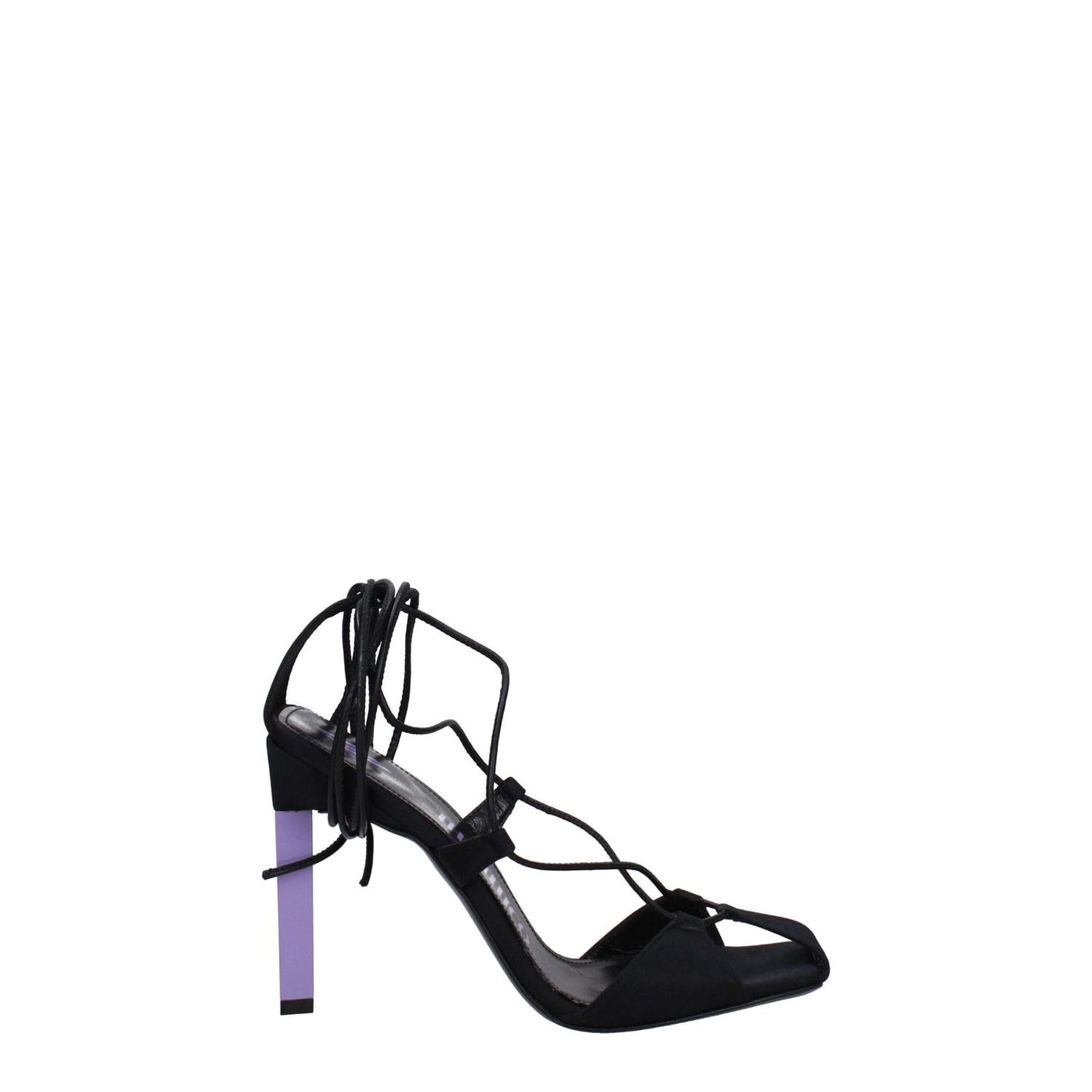 The Attico Black Fabric Stiletto Heel Sandals with open toe and mauve-accented high heel, featuring self-tie closures.