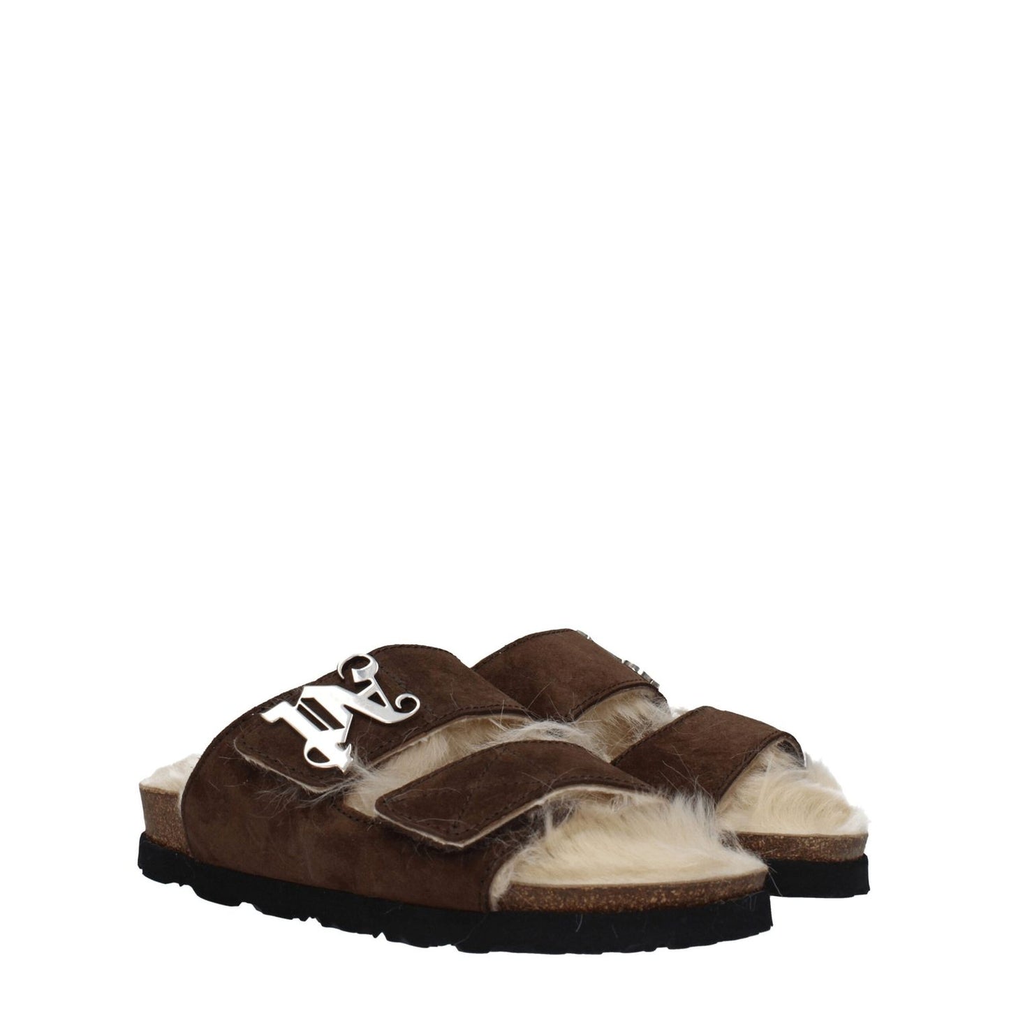 Palm Angels Brown Leather Slippers with front logo, suede materials, open toe, and strap closure, featuring low flat heels.