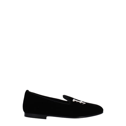 Palm Angels Black Velvet Slip-On Loafers with front logo, round toe, and leather sole; casual style.