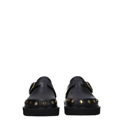 Isabel Marant Black Leather Slippers with gold studs, buckle closure, and vintage effect. MPN: ML0009FAA3B19SBKGO. Low flat heel.