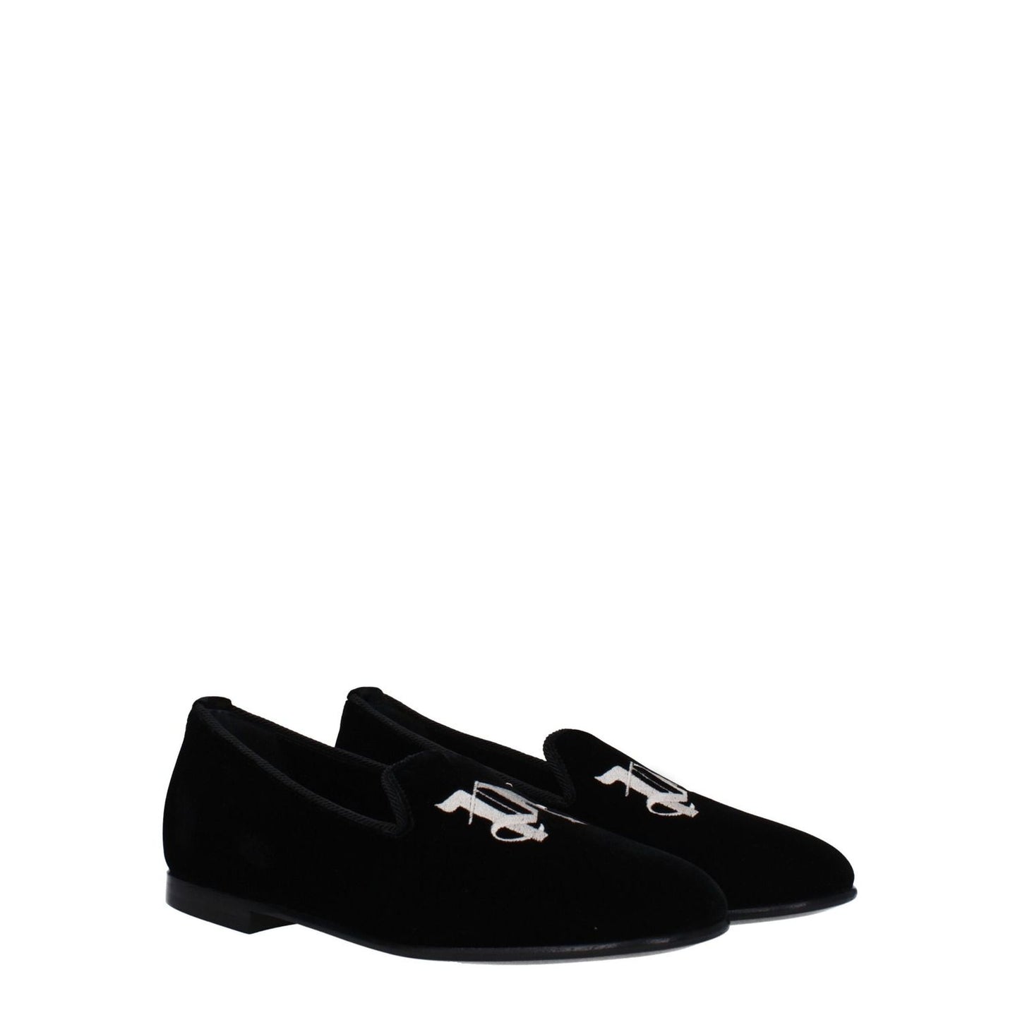 Palm Angels Black Velvet Slip-On Loafers with front logo, round toe, and leather sole, MPN PWIG004FAB0011000, casual style.