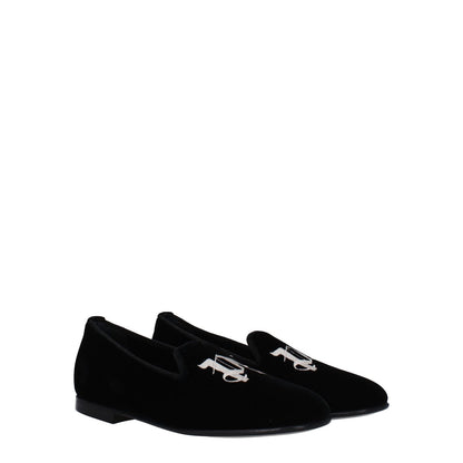 Palm Angels Black Velvet Slip-On Loafers with front logo, round toe, and leather sole, MPN PWIG004FAB0011000, casual style.