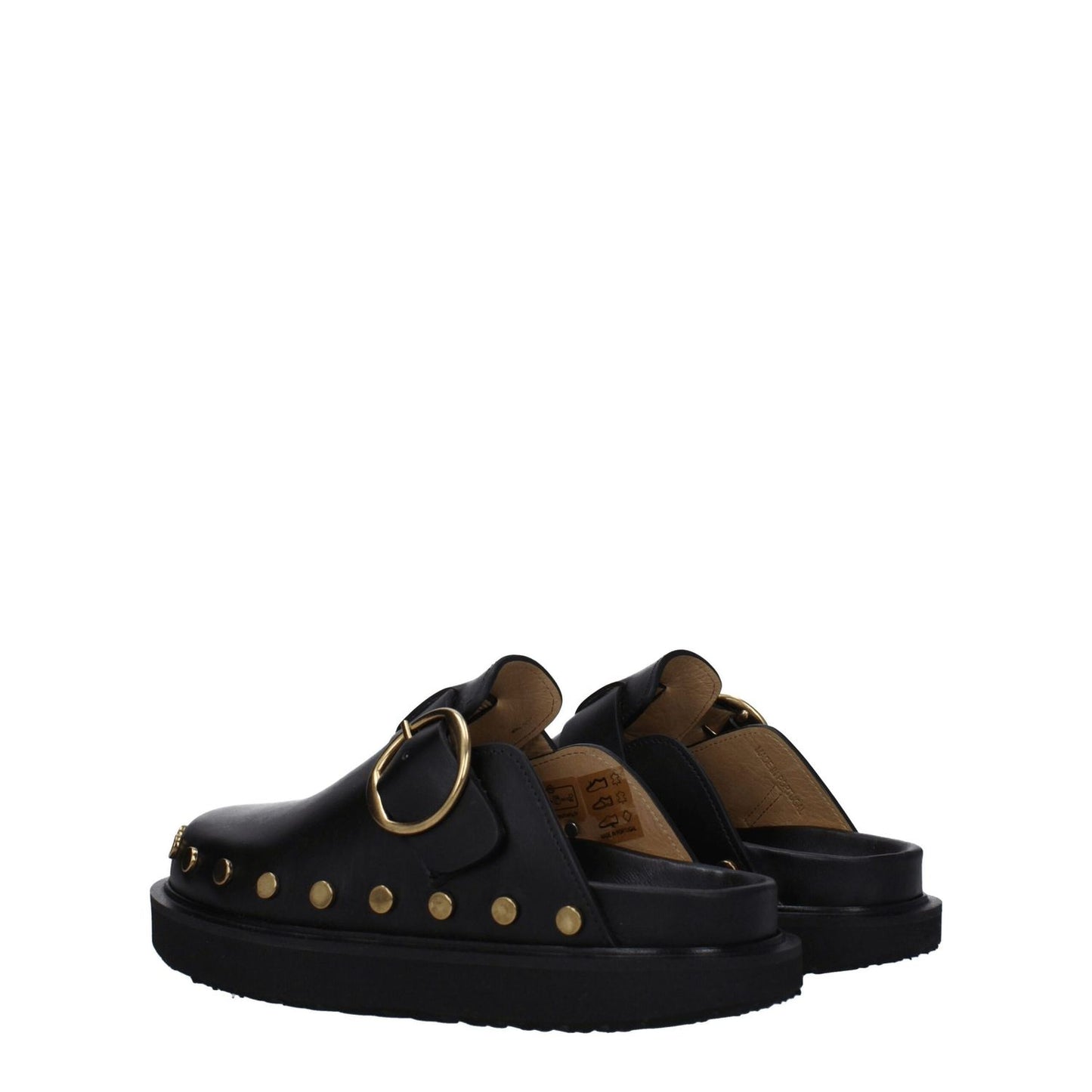 Isabel Marant Black Leather Slippers with studs, gold buckle closure, vintage style, low flat heel, MPN ML0009FAA3B19SBKGO.