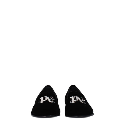 Palm Angels Black Velvet Slip-On Loafers featuring front logo, casual style, round toe, and low flat heel with leather sole.