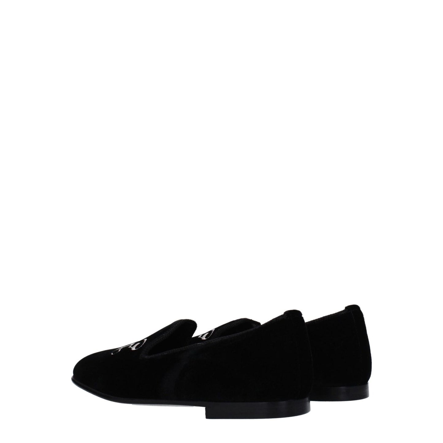 Palm Angels Black Velvet Slip-On Loafers with front logo and leather sole, side view showcasing casual style and round toe design.