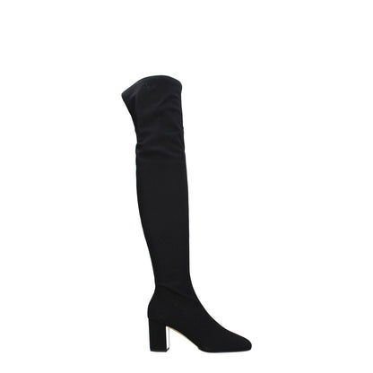 Valentino Garavani Black Fabric Over The Knee boots with side logo, zip closure, leather sole, mid heels, square toe, stylish design.