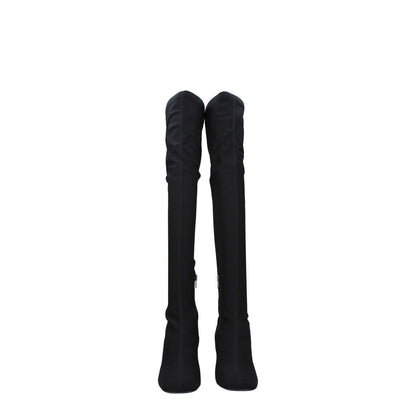 Valentino Garavani Black Fabric Over The Knee boots featuring a stylish design with side logo, zip closure, and mid heels.