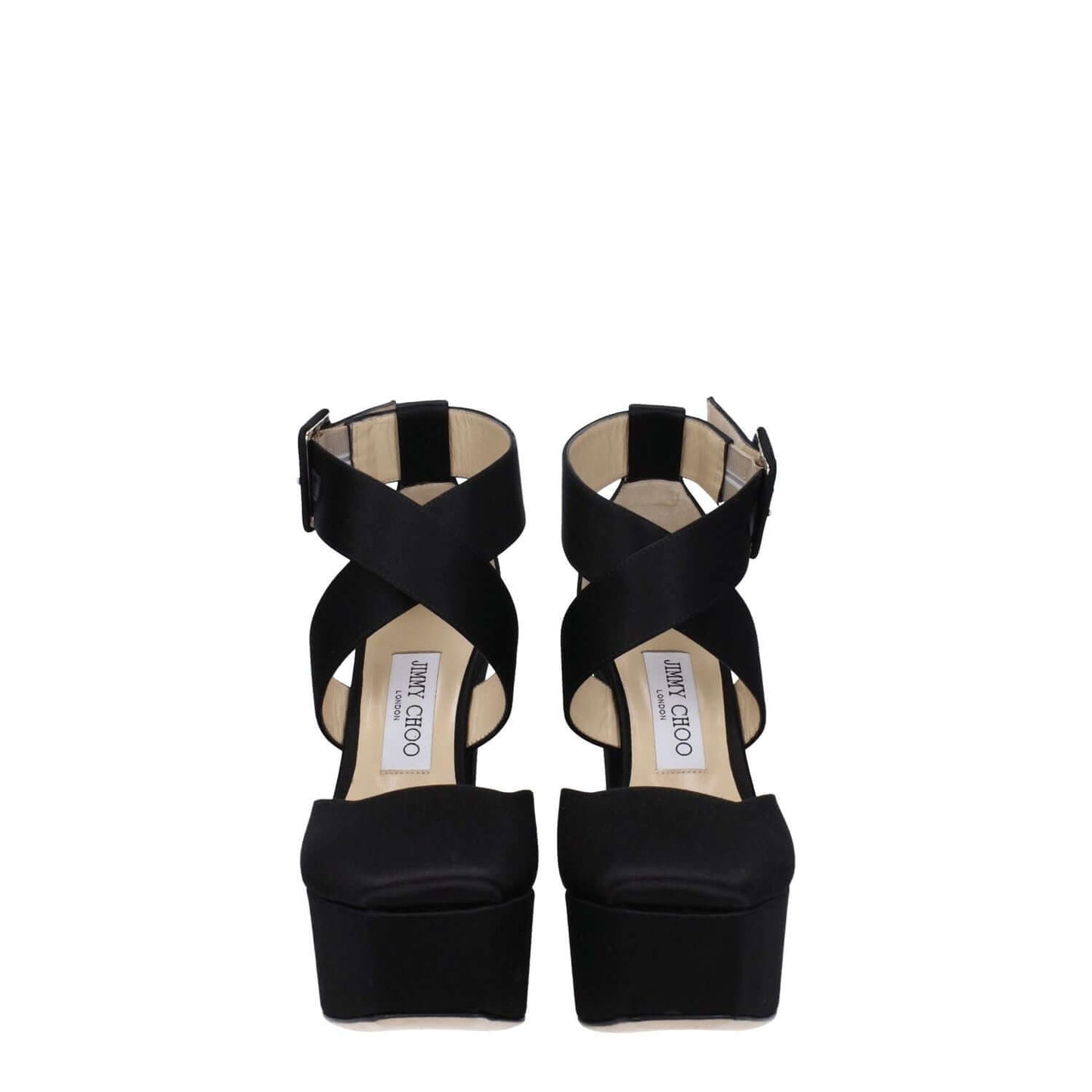Jimmy Choo Black Satin Platform Sandals with buckle closure, leather sole, high heel, and square toe, MPN GIAN140SATBLACK.