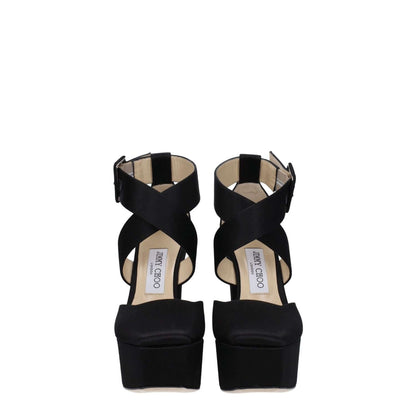 Jimmy Choo Black Satin Platform Sandals with buckle closure, leather sole, high heel, and square toe, MPN GIAN140SATBLACK.