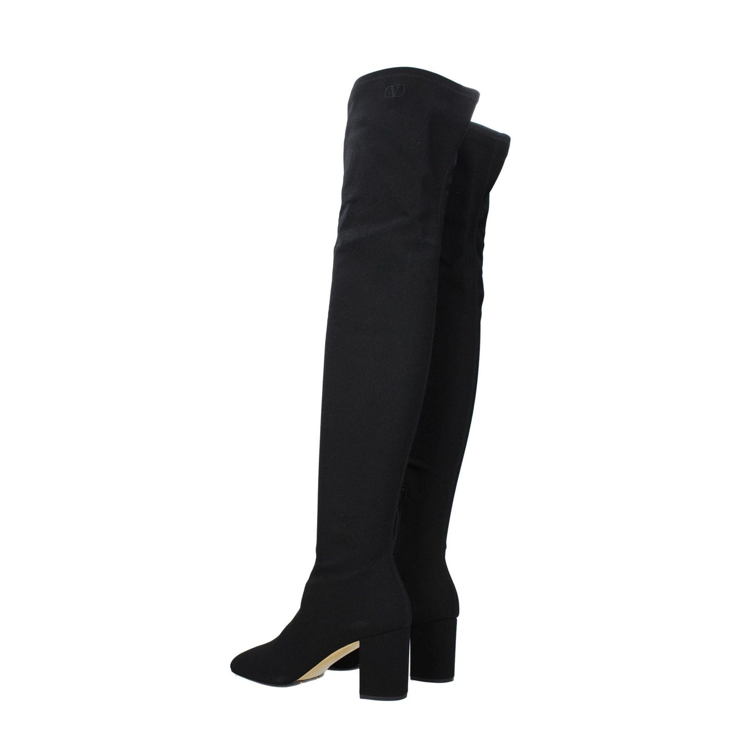 Valentino Garavani Black Fabric Over The Knee boots with square toe, zip closure, and leather sole, featuring mid heels and side logo details.