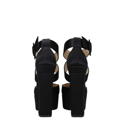 Rear view of Jimmy Choo Black Satin Platform Sandals with high heel and buckle closure, showing square toe design.