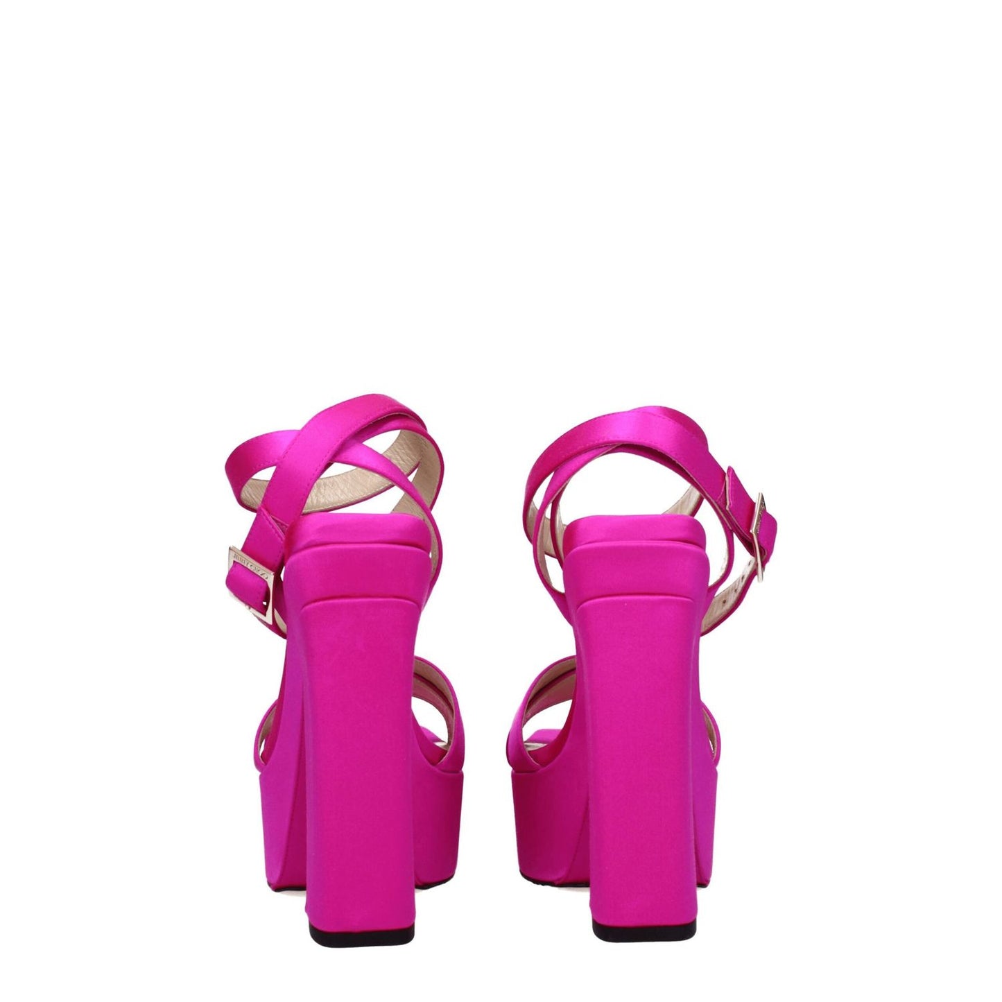 Back view of Jimmy Choo Pink Satin Platform Sandals with high heel and buckle closure.