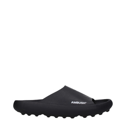 Ambush Black Cotton Slippers with side logo, open toe design, and rubber sole. MPN: BMIC005MAT0011001, Code: F79692