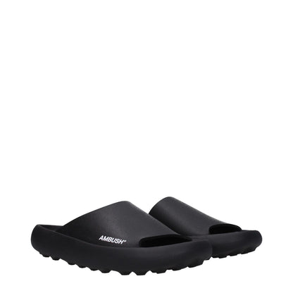 Ambush Black Cotton Slippers with open toe and side logo in rubber material, MPN BMIC005MAT0011001, street style footwear.