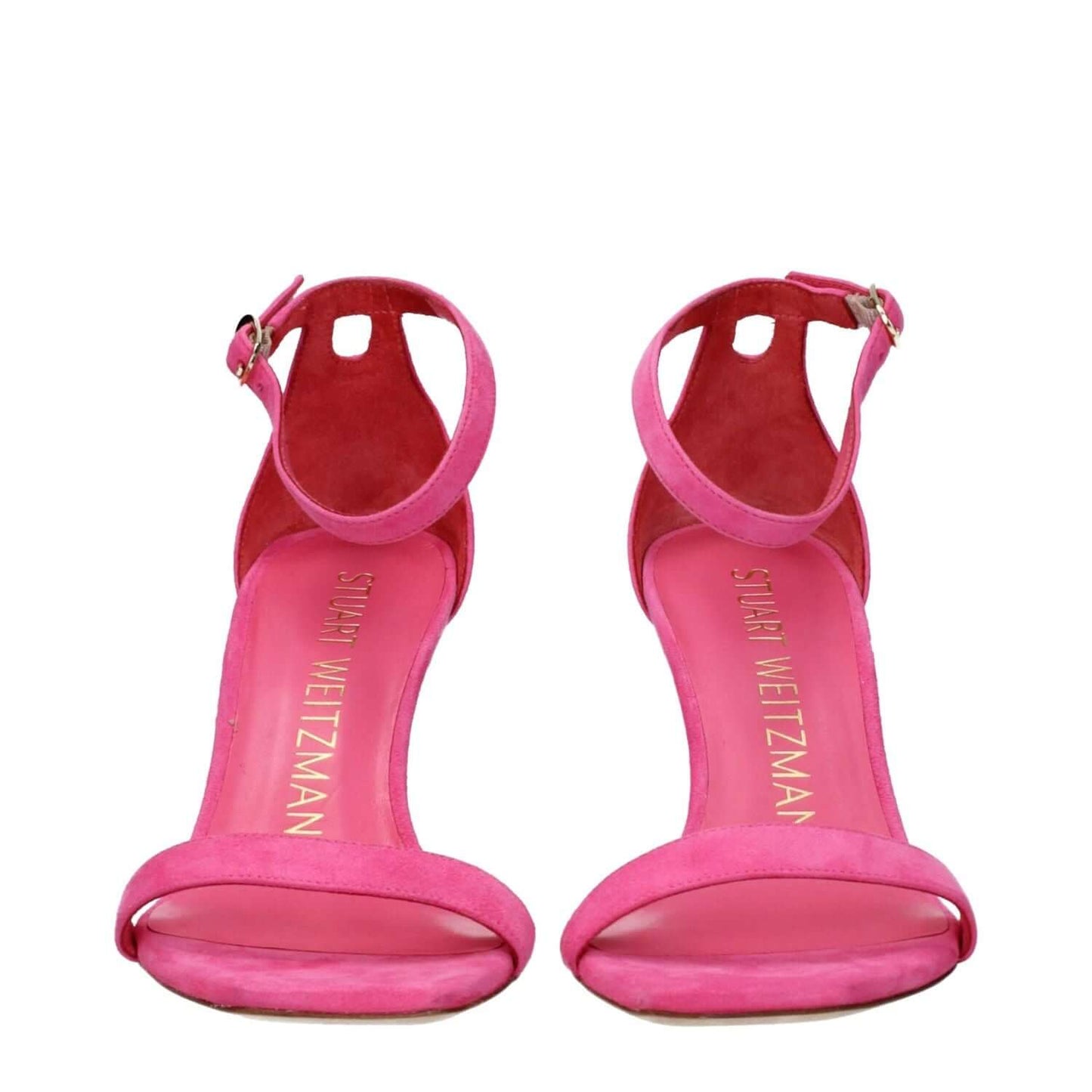 Stuart Weitzman Pink Leather Stiletto Heel Sandals with buckle closure and open toe design, fuchsia suede, leather sole, 8 cm heel.