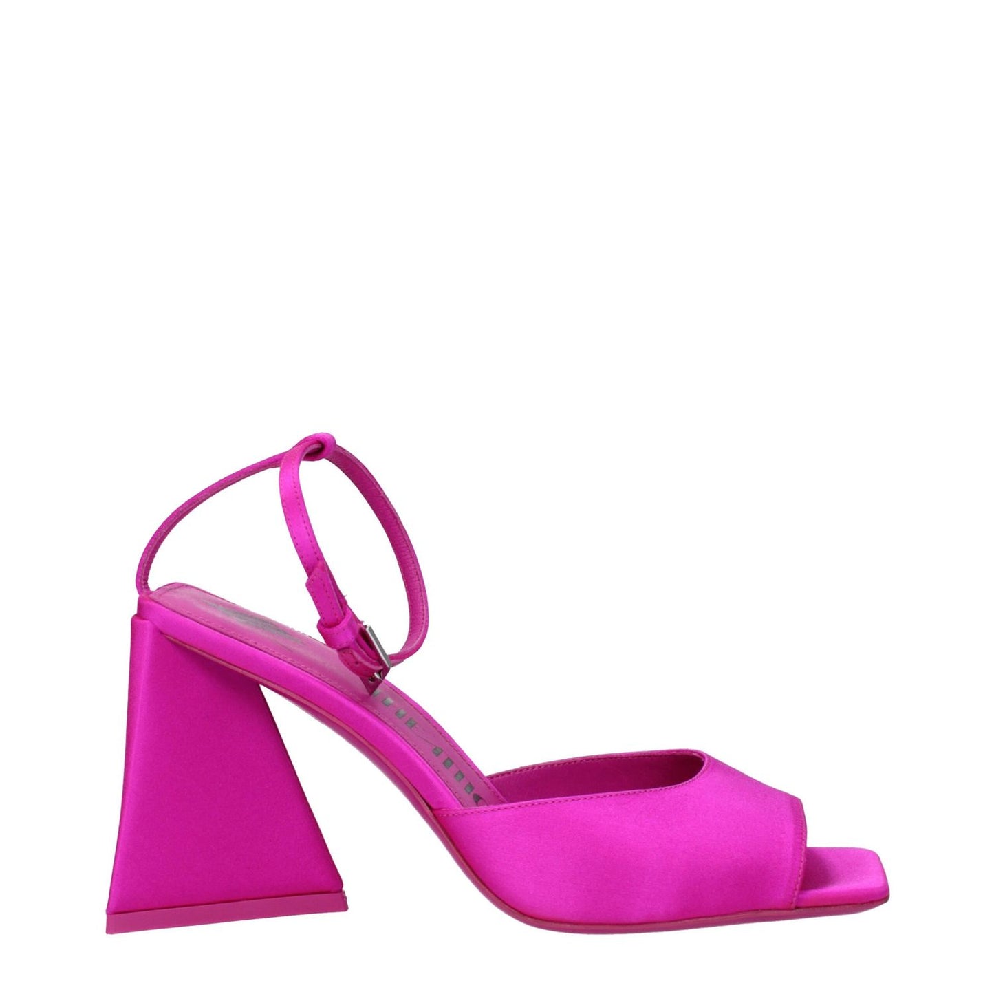 The Attico Pink Satin Stiletto Heel Sandals with open toe and buckle closure, featuring a stylish design and 8.5 cm mid heel.