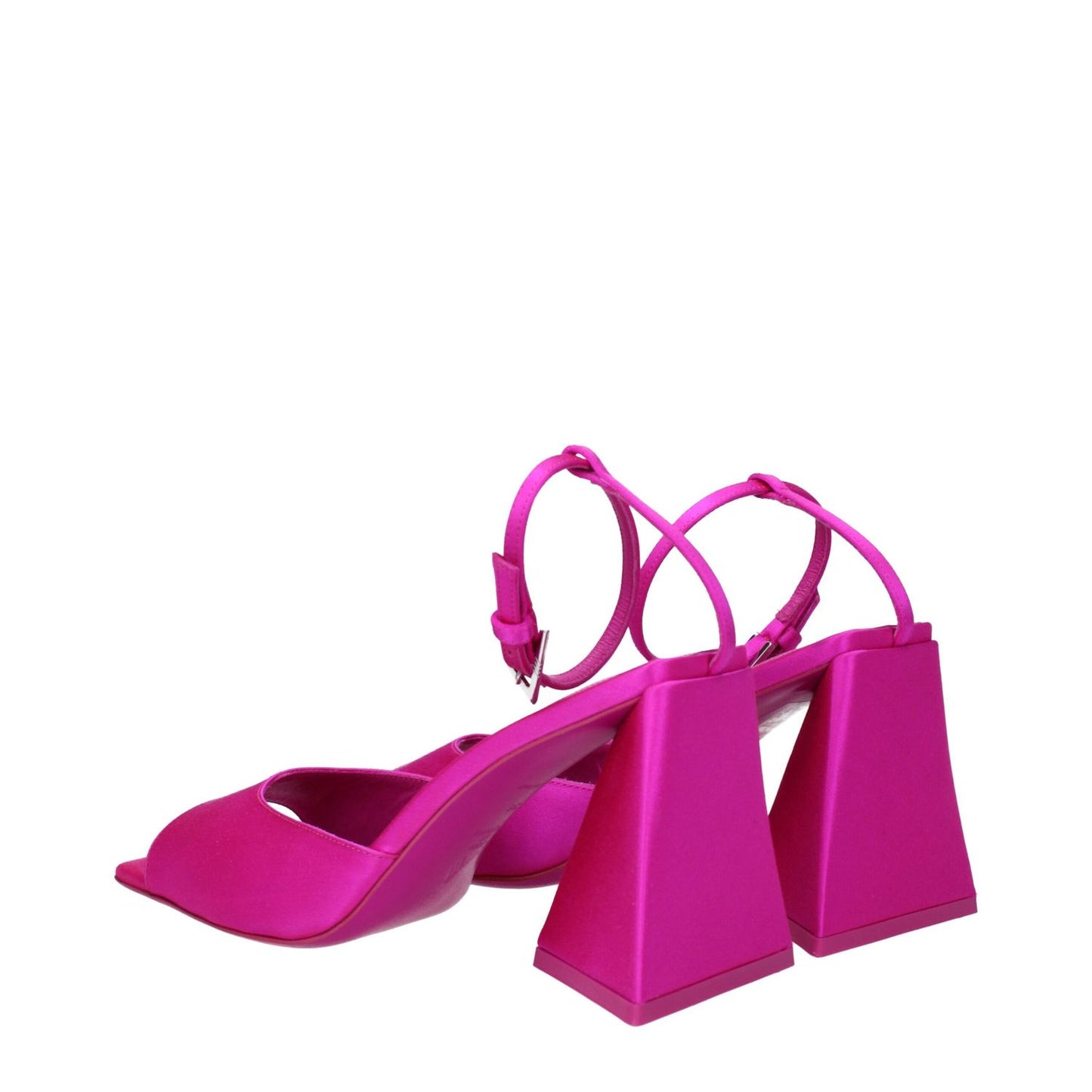 The Attico Pink Satin Stiletto Heel Sandals with open toe, buckle closure, and leather sole, showcasing stylish mid heels at 8.5 cm.