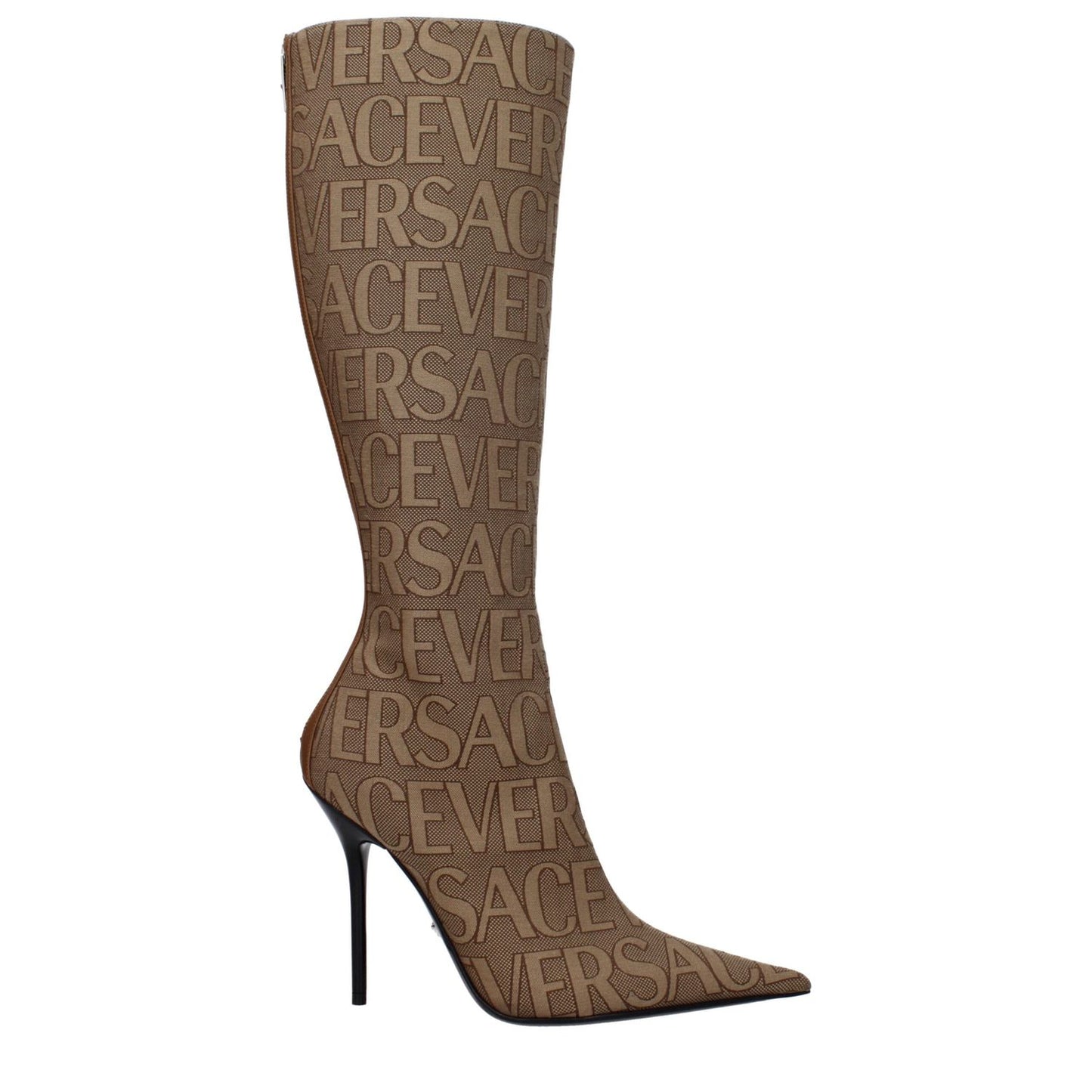 Versace Beige Fabric High Heel Boots with logo, casual style, zip closure, leather sole, 11 cm high pointy heel, and brown accents.