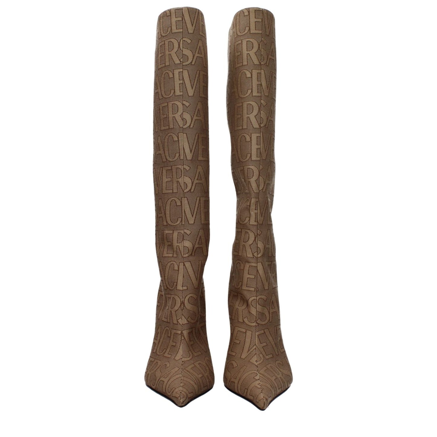 Versace Beige Fabric High Heel Boots with logo, featuring zip closure, leather sole, and pointy toe. Casual style, 11 cm heel.