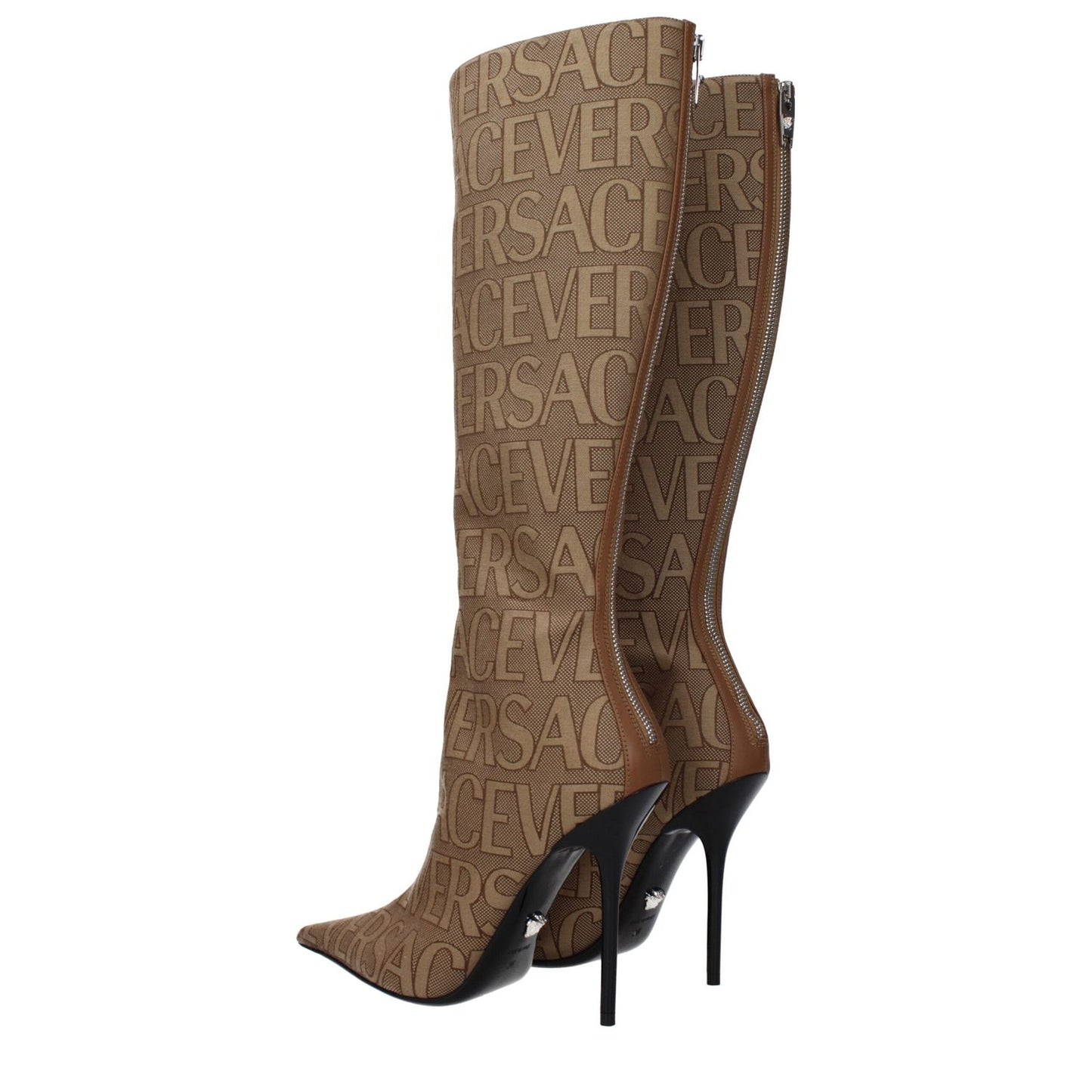 Versace Beige Fabric High Heel Boots with logo design, pointy toe, and leather sole. Elegant casual style with zip closure.