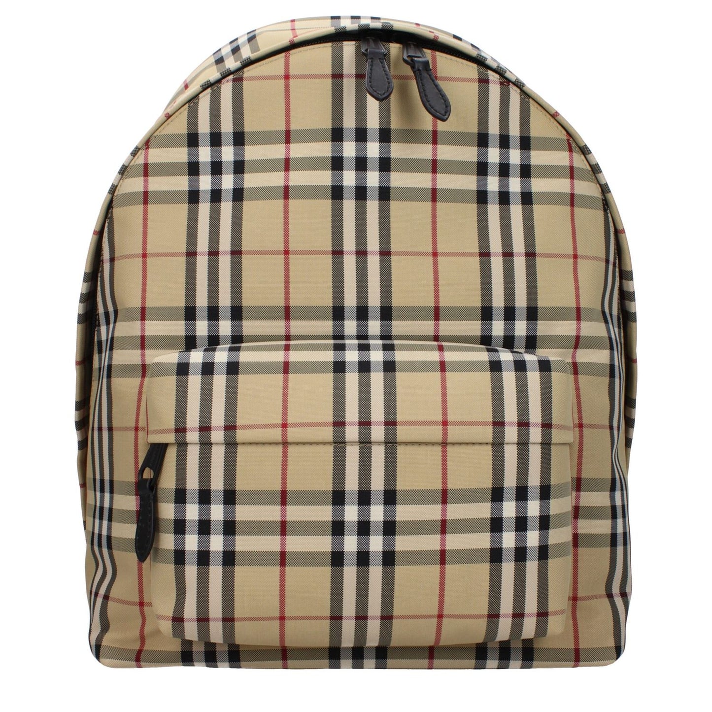 Burberry Beige Fabric Backpack with plaid design, adjustable straps, large size, and zip closure, suitable for casual use.