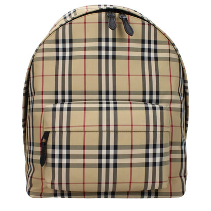 Burberry Beige Fabric Backpack with plaid design, adjustable straps, large size, and zip closure, suitable for casual use.