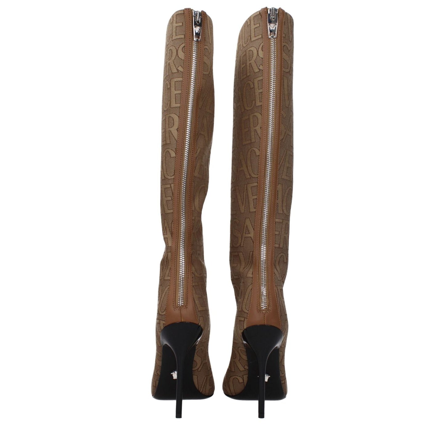 Versace Beige Fabric High Heel Boots with zip closure and logo design, featuring pointy toe and 11 cm leather high heel.