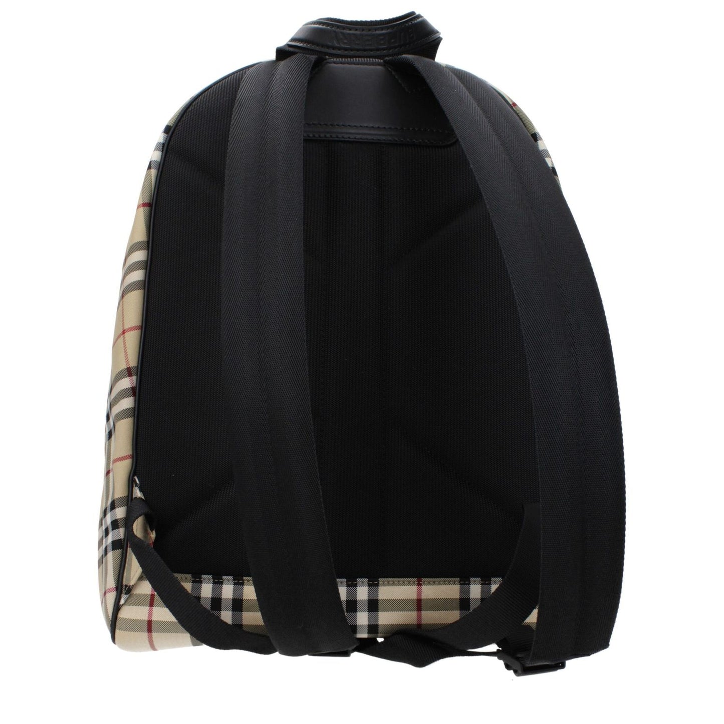 Back view of Burberry Beige Fabric Backpack with adjustable black straps and beige plaid design