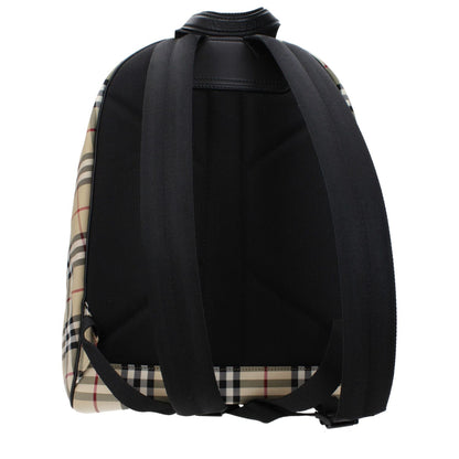 Back view of Burberry Beige Fabric Backpack with adjustable black straps and beige plaid design