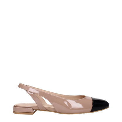 Stuart Weitzman Pink Leather Ballet Flats with round toe and low flat heel in patent leather, side view showcasing fawn and black details.