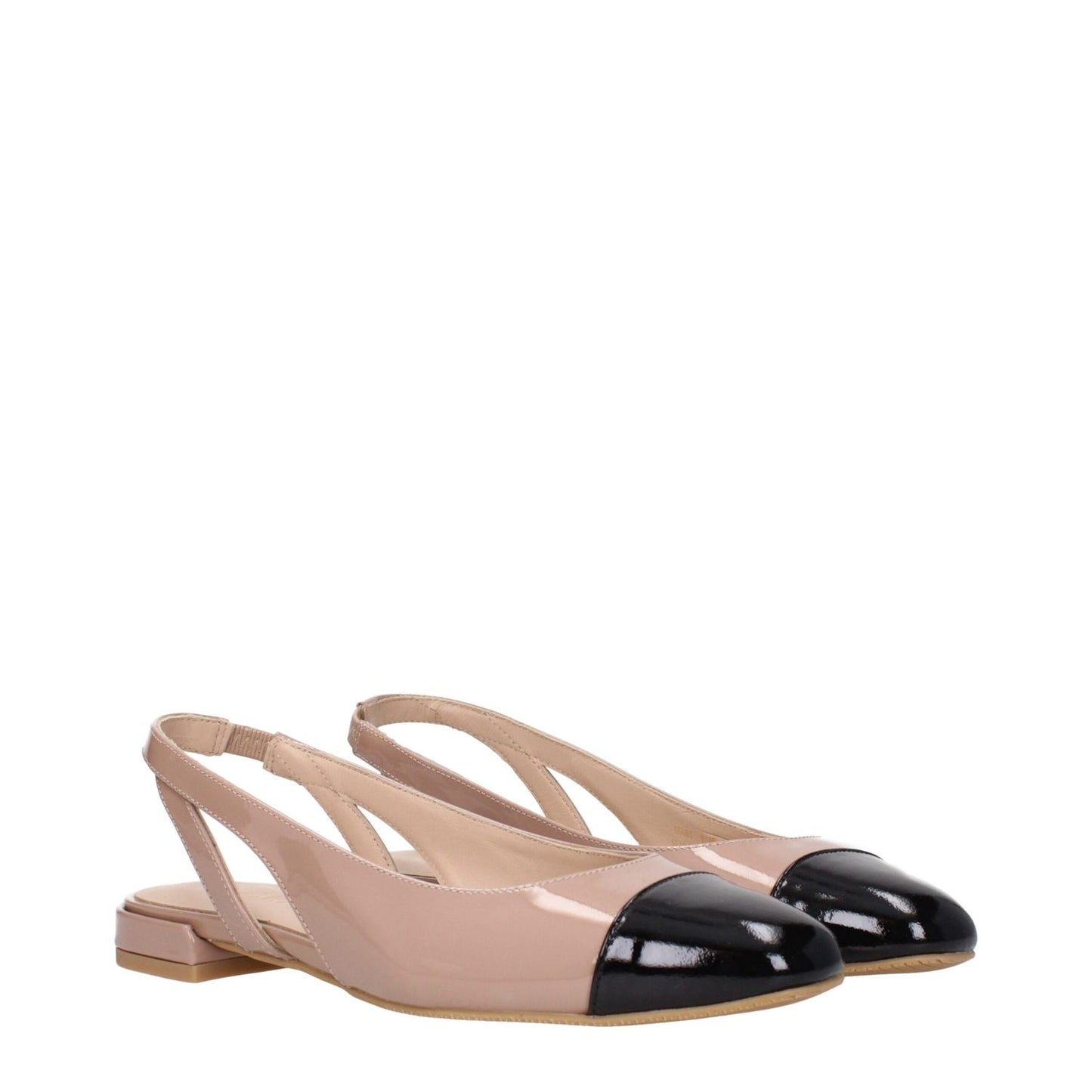 Stuart Weitzman Pink Leather Ballet Flats, featuring patent leather with black round toe cap, casual style with rubber sole and low flat heel.