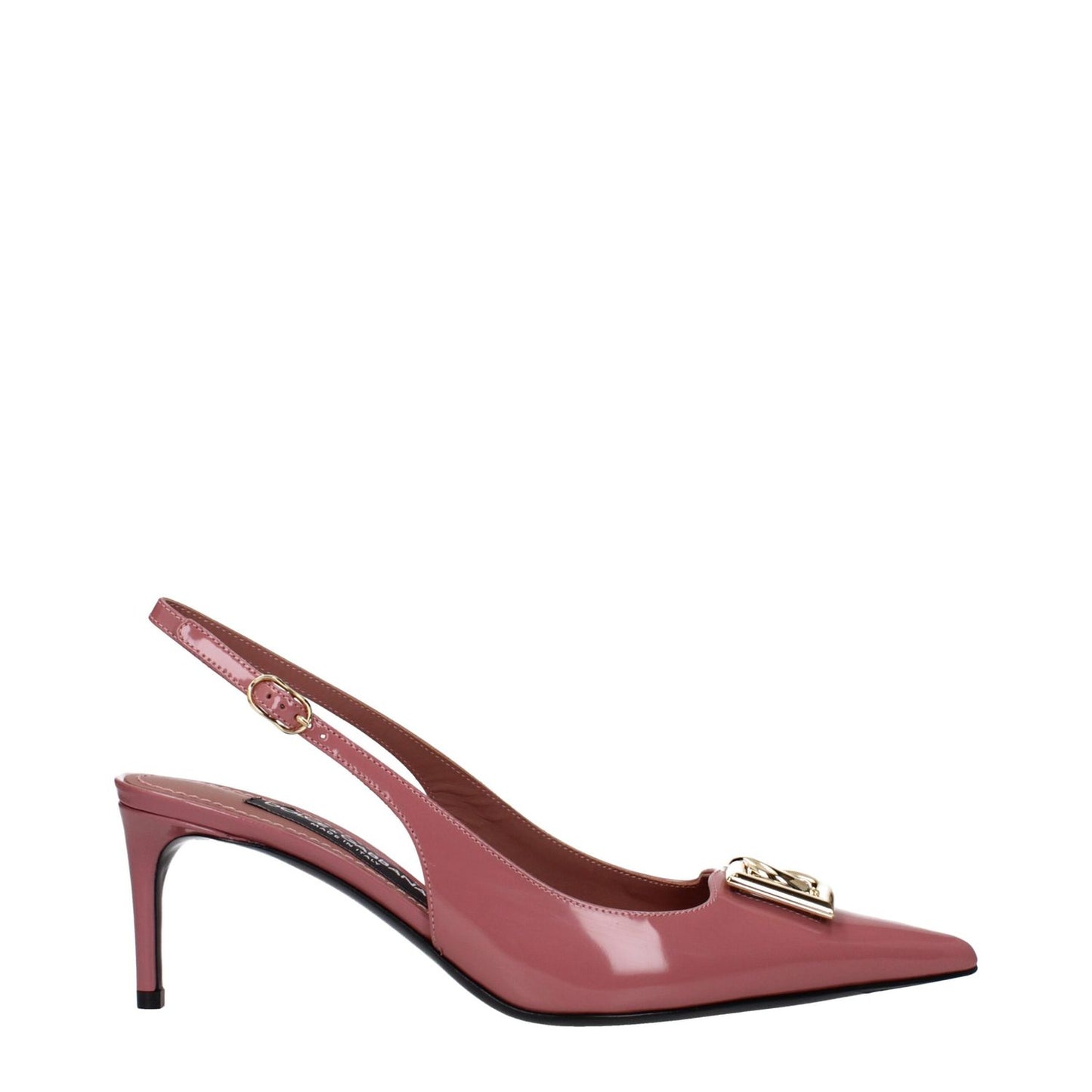 Dolce & Gabbana Pink Leather High Heel Pumps with pointy toe and buckle closure, patent leather, mid heel, elegant design.