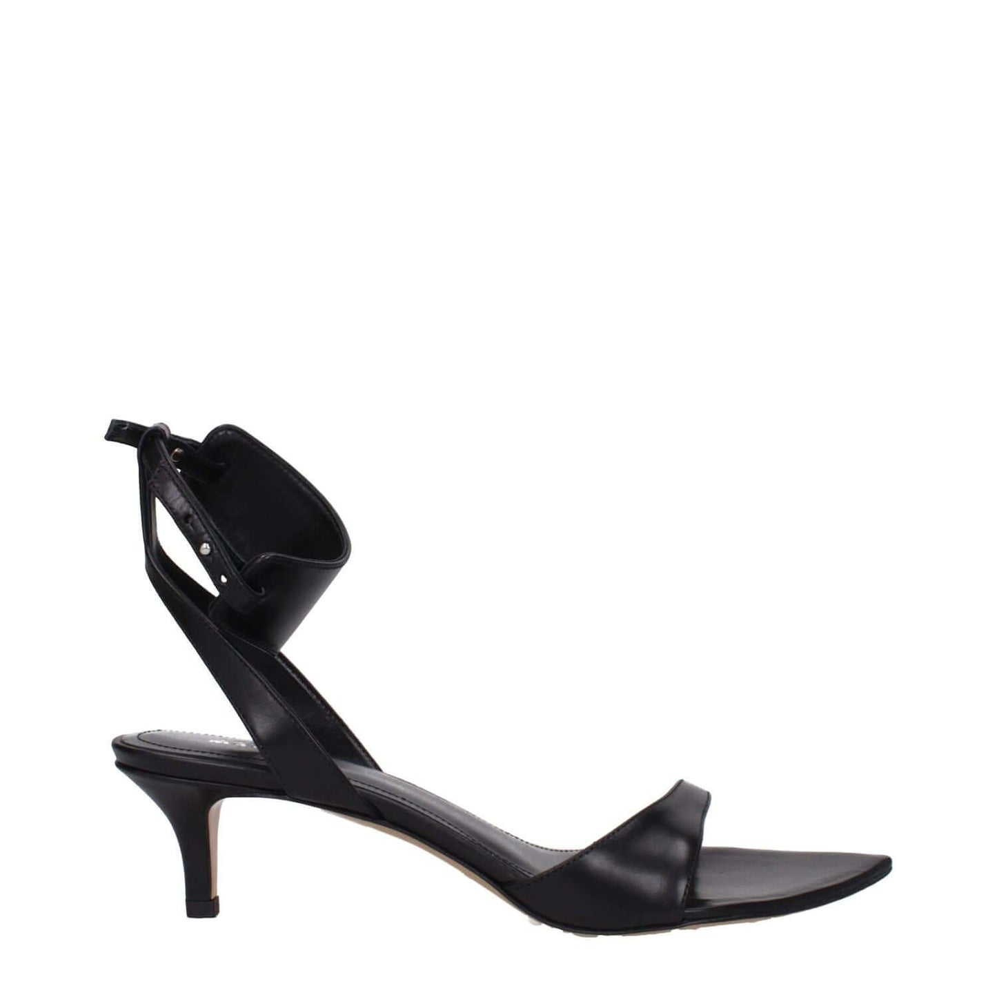 Isabel Marant Black Leather Sandals with buckle closure, open toe design, and mid heels, perfect for elegant occasions.