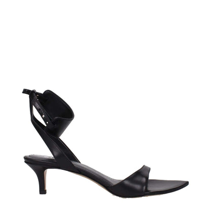 Isabel Marant Black Leather Sandals with buckle closure, open toe design, and mid heels, perfect for elegant occasions.