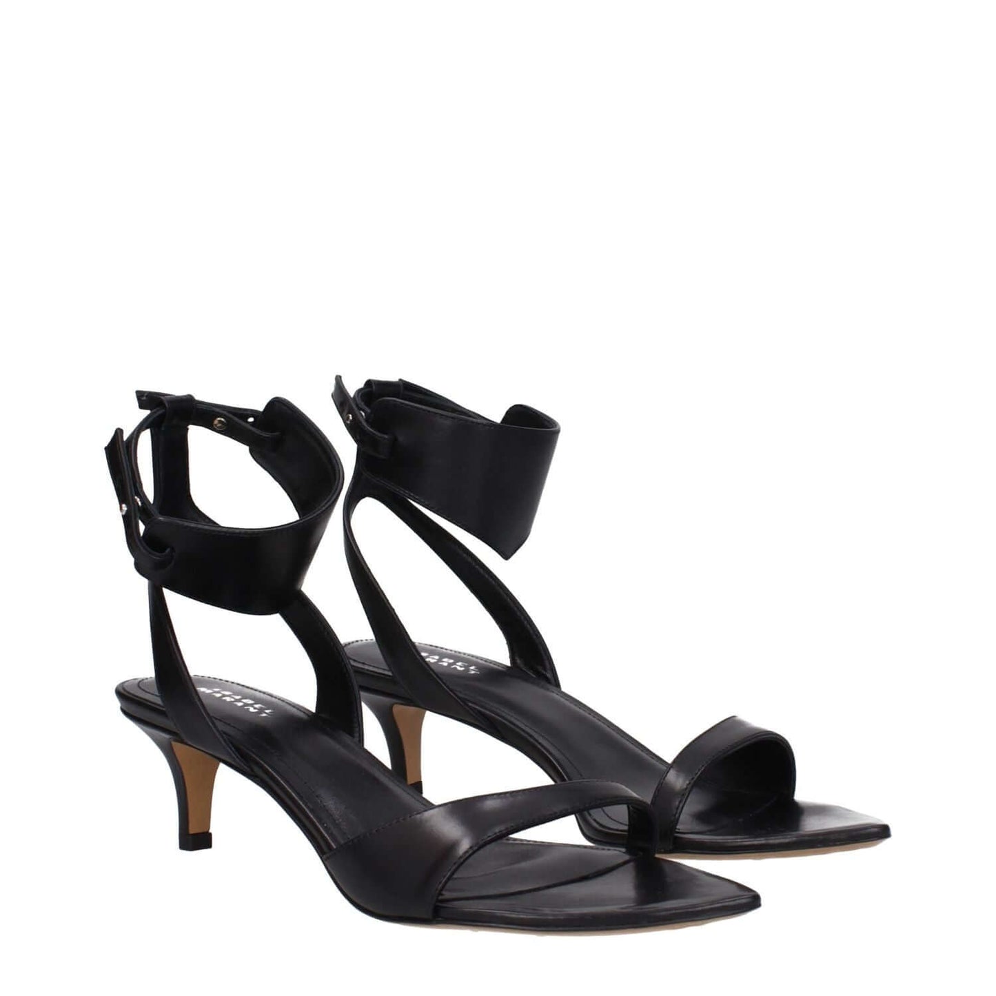 Isabel Marant Black Leather Sandals with buckle closure and mid heels.