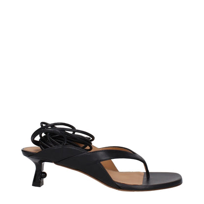 Off-White Black Leather Flip-Flop Sandals with self-tie closure, mid heels, and open toe design. MPN: OWIH057LEA0011009.