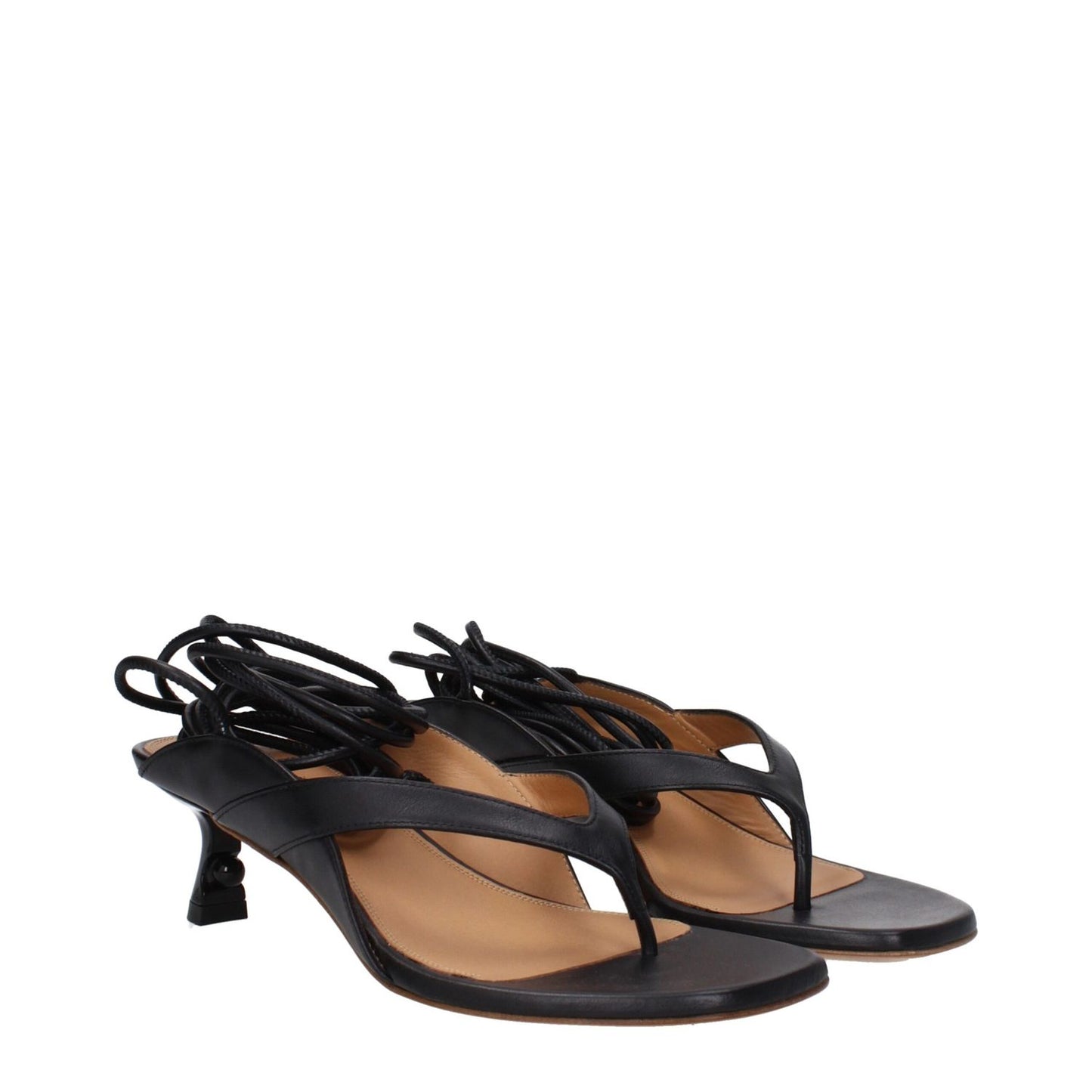 Off-White Black Leather Flip-Flop Sandals with self tie closure and mid heels, featuring leather sole and open toe design.
