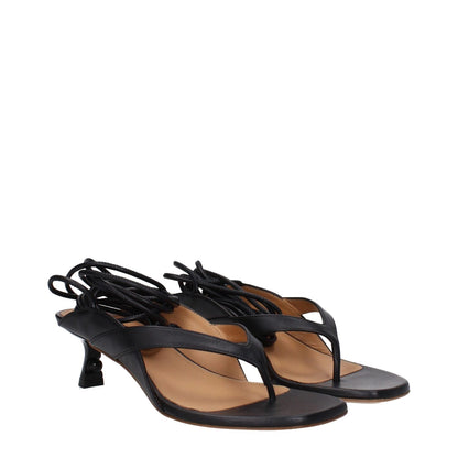 Off-White Black Leather Flip-Flop Sandals with self tie closure and mid heels, featuring leather sole and open toe design.