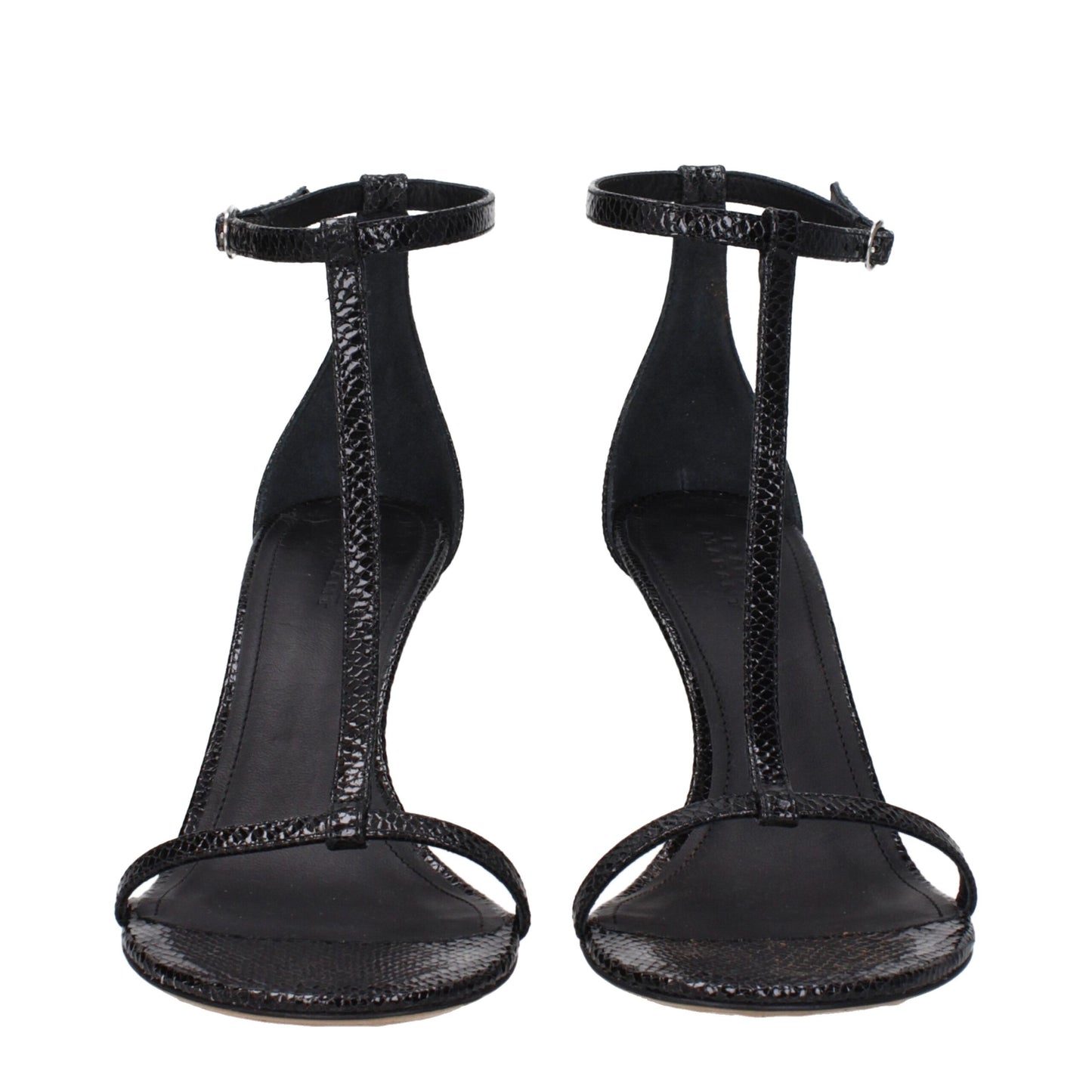 Isabel Marant Black Leather Stiletto Heel Sandals with buckle closure and open toe design.