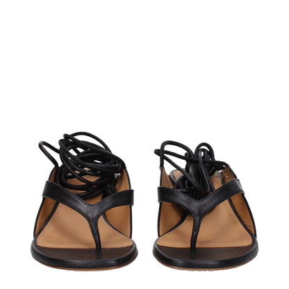 Front view of Off-White Black Leather Flip-Flop Sandals with self tie closure and open toe design.