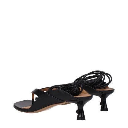 Off-White Black Leather Flip-Flop Sandals with self-tie closure and mid heels, featuring open toe and leather sole.